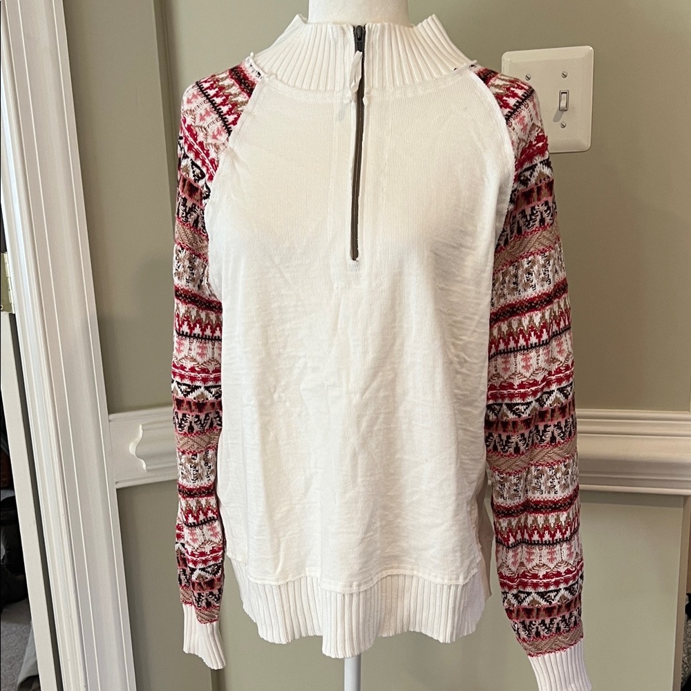 Sundance Fair Isle White 1/4 Zip Sweater with Red Patterned Sleeves, NWT, L - Picture 2 of 10